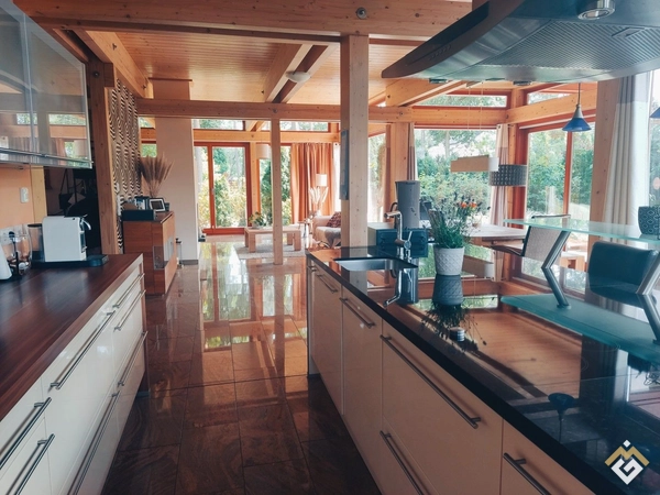 Lichtdurchflutete, energieeffiziente Villa aus Holz, Glas und Stein